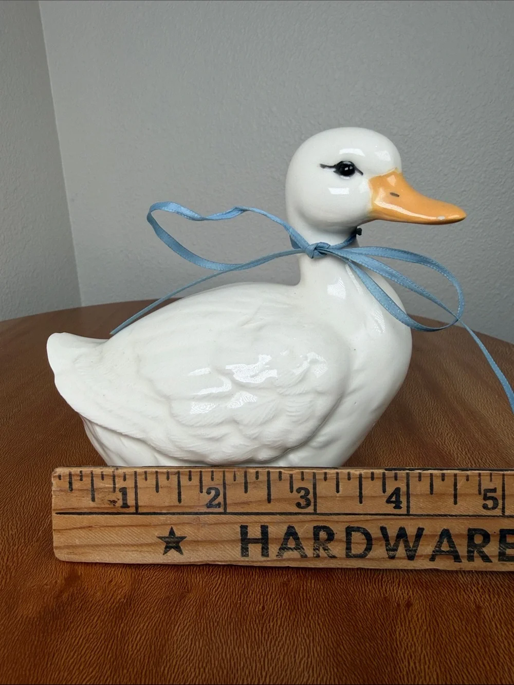 Vintage Hand Crafted Hand Made Ceramic Duck White Yellow Blue Bow Farmhouse
